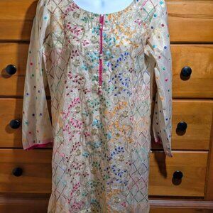 Pakistani Embellished Kameez Medium Gold Sheer Silk Blend Kurti Multicolor Zari